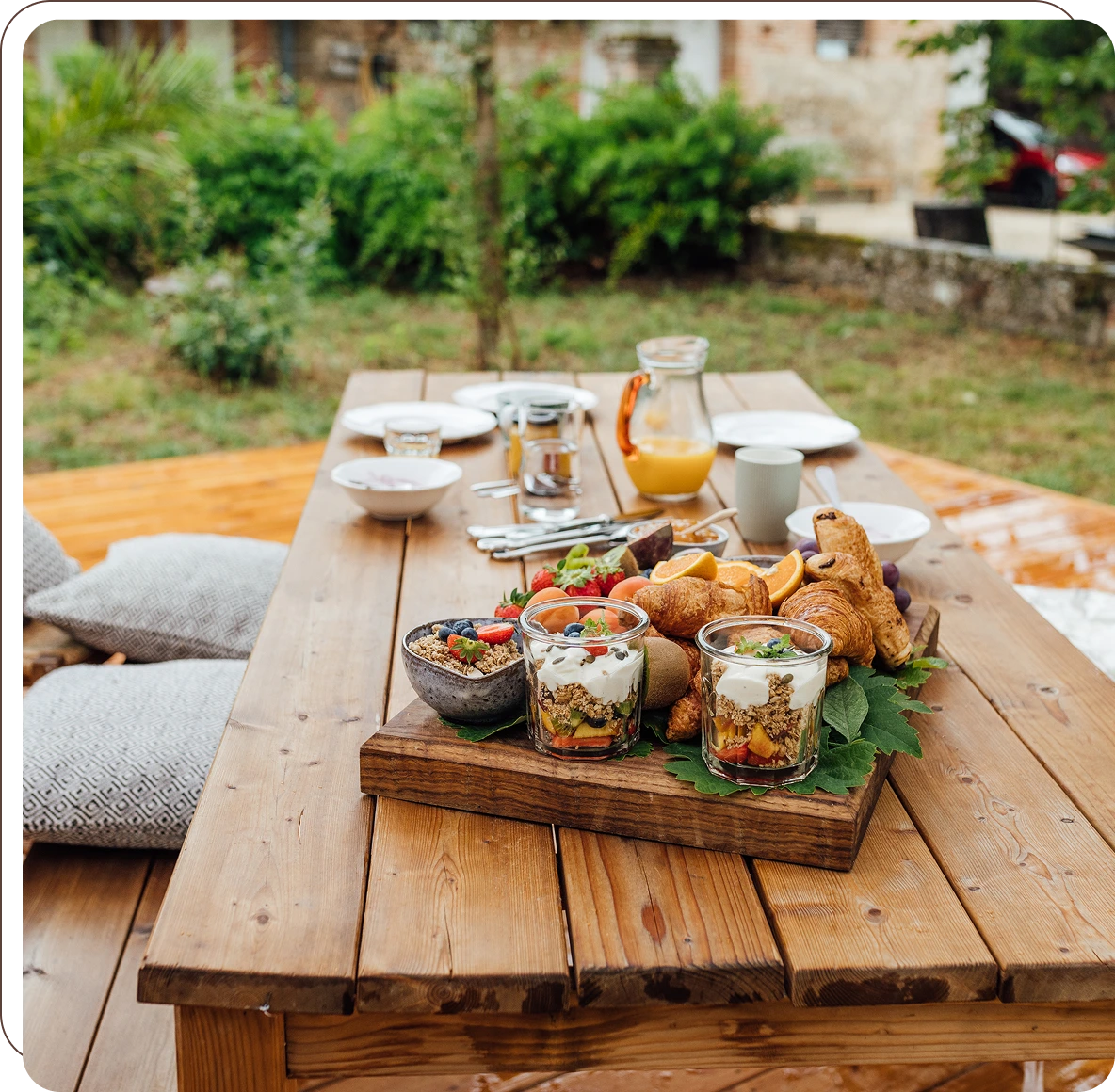 Rustic wooden table set for brunch