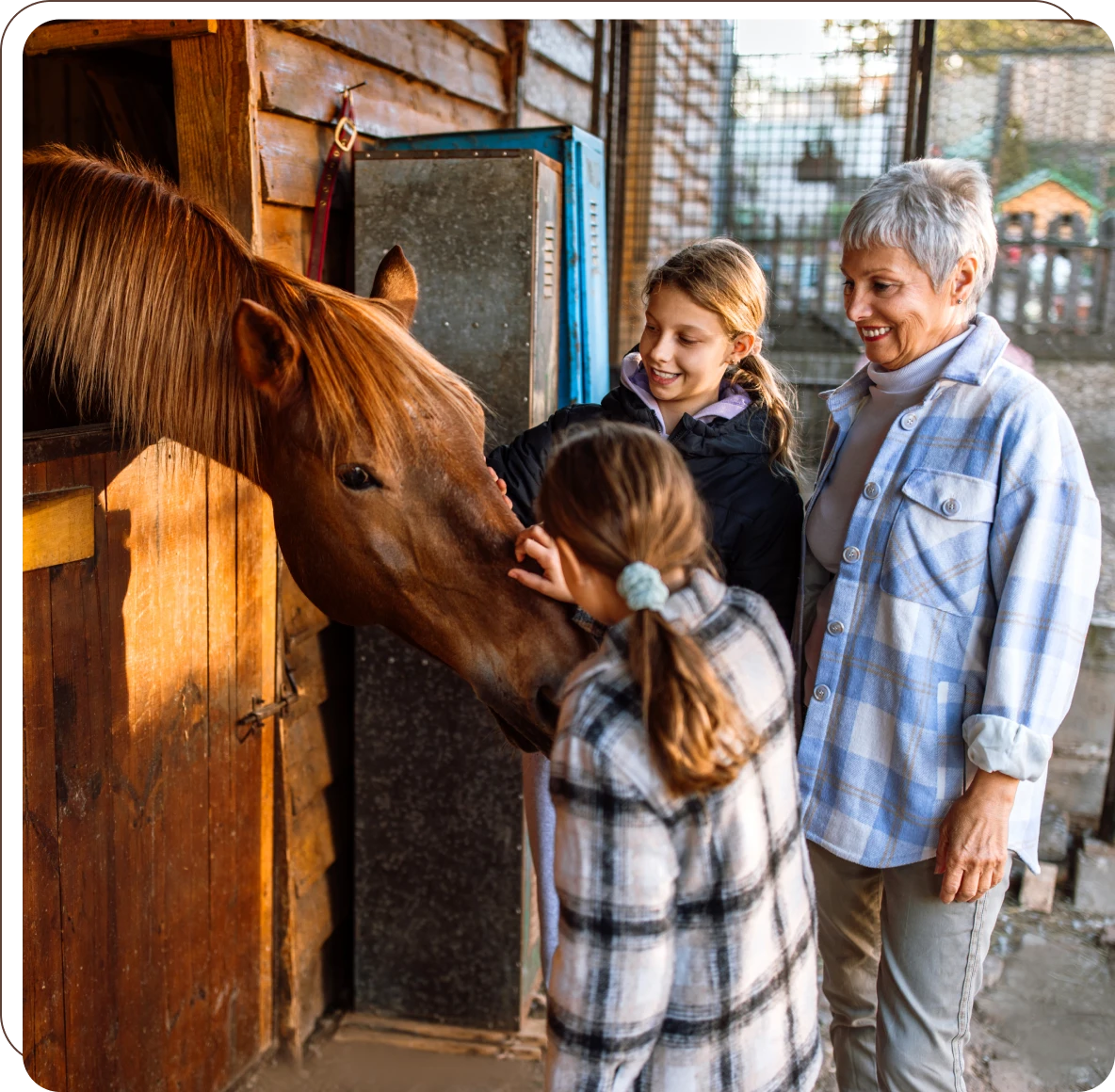Grandmother and kids with horse