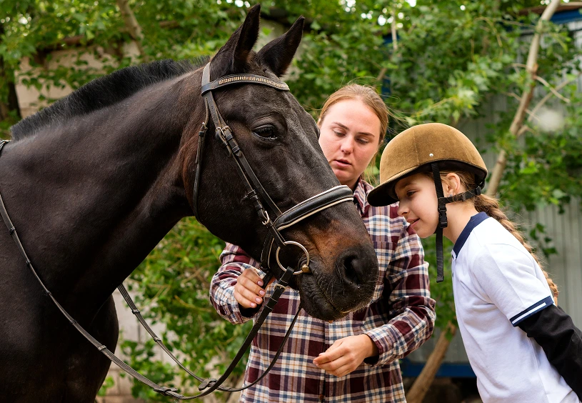 Child and adult bonding with horse